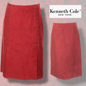 🔥 KENNETH COLE NEW YORK Red 100% Suede Pencil Skirt with Unique Lacing Detail!